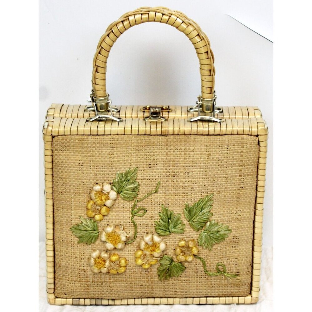 Vtg 1970s Straw Handbag Tote Purse Bag Boho Beach Vacation Cruise Embroidered